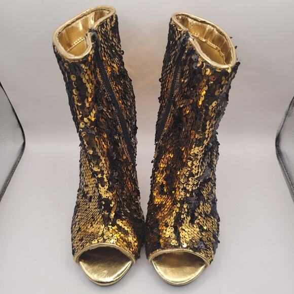 Shoe Republic LA Gold Sequin High Heel Booties Peep Toe Size 6.5 - Picture 3 of 8